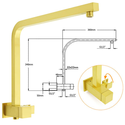 Brushed Gold Twin Shower 12" Rainfall Head Handheld Diverter Wall Arm Set Square