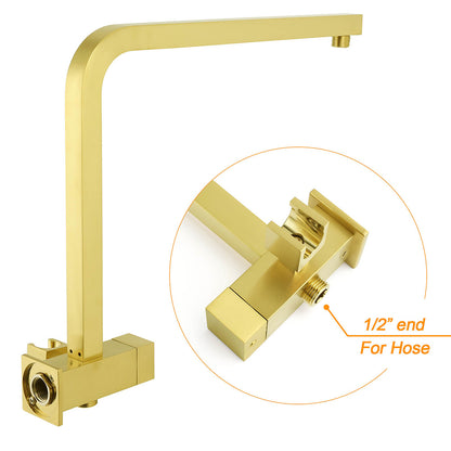 Brushed Gold Twin Shower 12" Rainfall Head Handheld Diverter Wall Arm Set Square