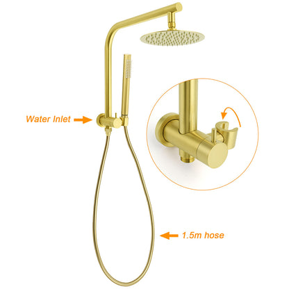 WELS Brushed Gold Round Twin Shower Head Set Diverter Wall Arm Metal Handheld With Mixer