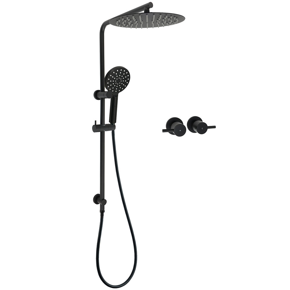 Matt Black Dual Shower 12" Large Shower Rain Head + Handheld Silde Wall Rail Twin Taps Set