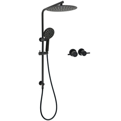 Matt Black Dual Shower 12" Large Shower Rain Head + Handheld Silde Wall Rail Twin Taps Set