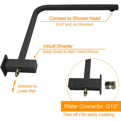 Matt Black Dual Shower Square 10" Rain Head 3 Modes Handheld Brass Silde Rail Mixer Set