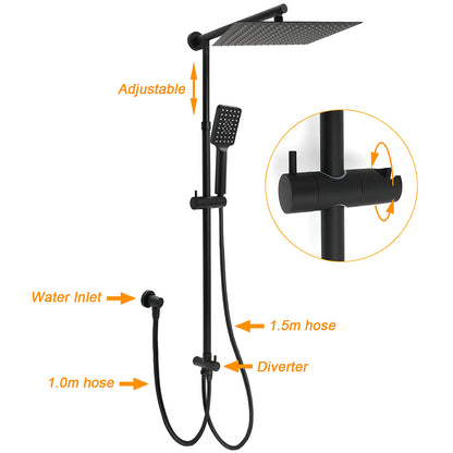 WELS Matt Black Dual Shower Large 12" Square Head Handheld Adjustable Silding Rail Set