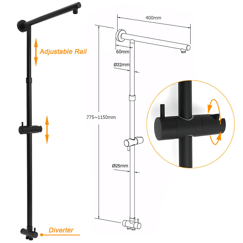 WELS Matt Black Dual Shower Large 12" Square Head Handheld Adjustable Silding Rail Set