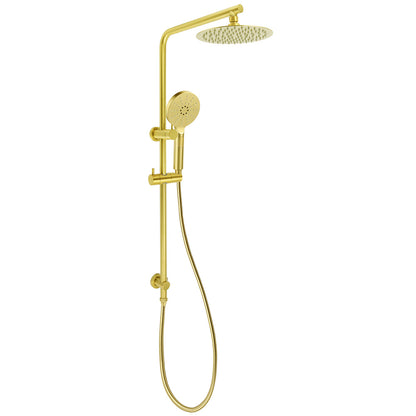 Brushed Gold 2in1 Shower Set 8" Round Head 3 Modes Handheld Sliding Rail Arm + Twin Taps