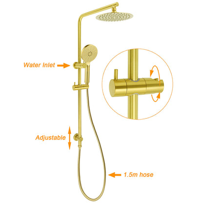 Brushed Gold 2in1 Shower Set 8" Round Head 3 Modes Handheld Sliding Rail Arm + Twin Taps