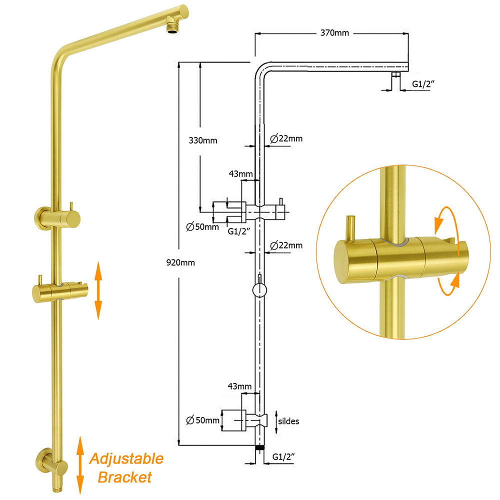 Brushed Gold 2in1 Shower Set 8" Round Head 3 Modes Handheld Sliding Rail Arm + Twin Taps