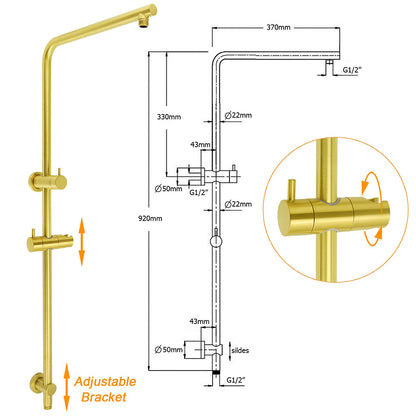 Brushed Gold 2in1 Shower Set 8" Round Head 3 Modes Handheld Sliding Rail Arm + Twin Taps