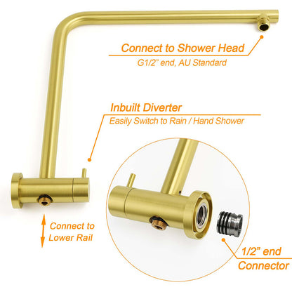 Brushed Gold 2in1 Shower Set 8" Round Head 3 Modes Handheld Sliding Rail Arm + Twin Taps