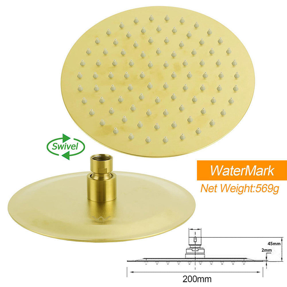 Brushed Gold 2in1 Shower Set 8" Round Head 3 Modes Handheld Sliding Rail Arm + Twin Taps