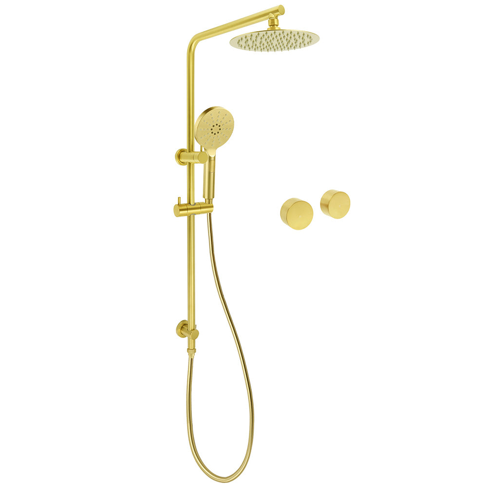 Brushed Gold Dual Shower Set 8" Round Head 3 Modes Handheld Sliding Rail Arm Twin Taps