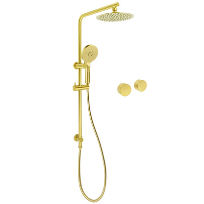 Brushed Gold Dual Shower Set 8" Round Head 3 Modes Handheld Sliding Rail Arm Twin Taps