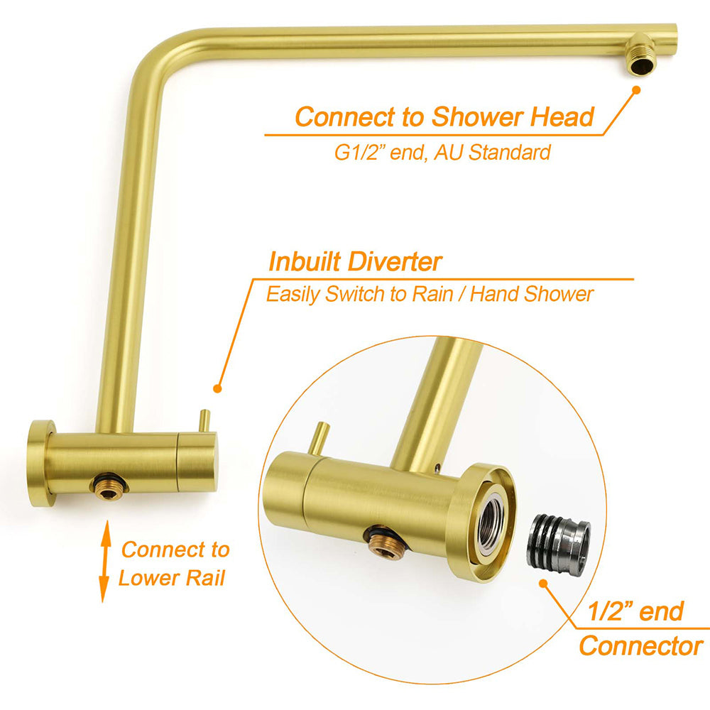 Brushed Gold Dual Shower Set 8" Round Head 3 Modes Handheld Sliding Rail Arm Twin Taps