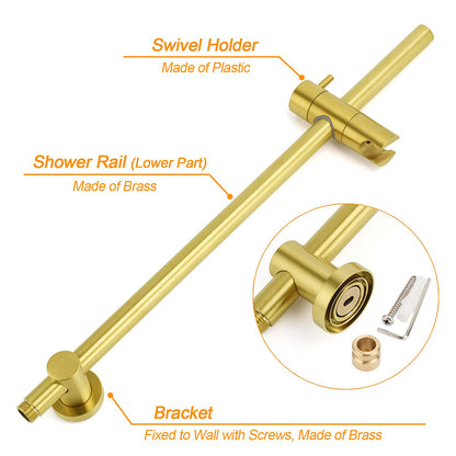 Brushed Gold Dual Shower Set 8" Round Head 3 Modes Handheld Sliding Rail Arm Twin Taps