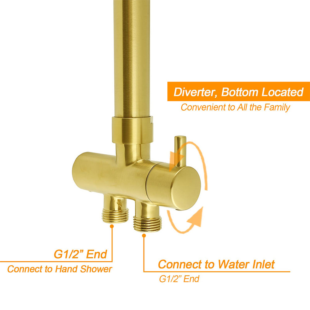 Brushed Gold Square 10" Rain Head 3 Mode Handheld Sliding Rail Wall Arm Dual Shower Taps Set