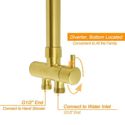 Brushed Gold Square 10" Rain Head 3 Mode Handheld Sliding Rail Wall Arm Dual Shower Taps Set