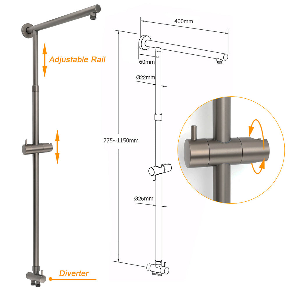 Gun Metal Round Shower 2in1 Set 10" Rain Head 3 Modes Handheld Sliding Rail Small Face Mixer