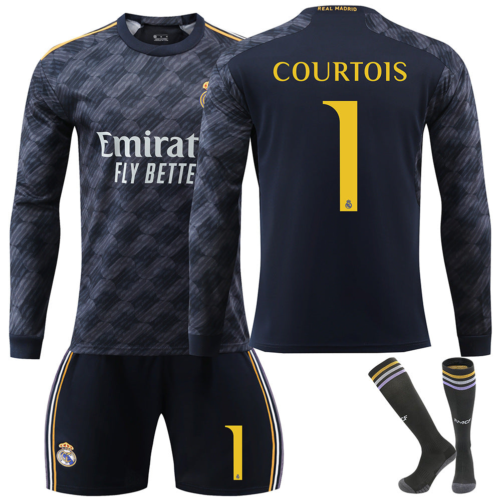 Madrid COURTOIS #1 2023/2024 RM Long Sleeve Autumn/Winter Away Football Shirt/Shorts/Socks Set Youth Kids Sizes 26