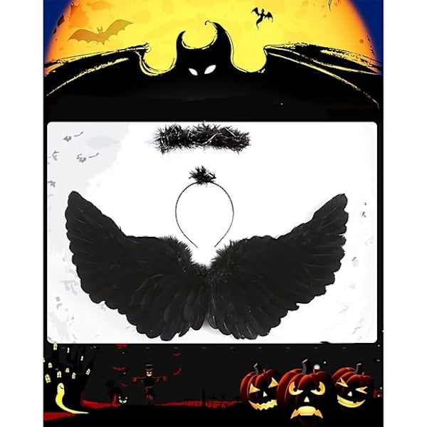 Black wings and halo devil wings for kids black wing feather wings for Halloween