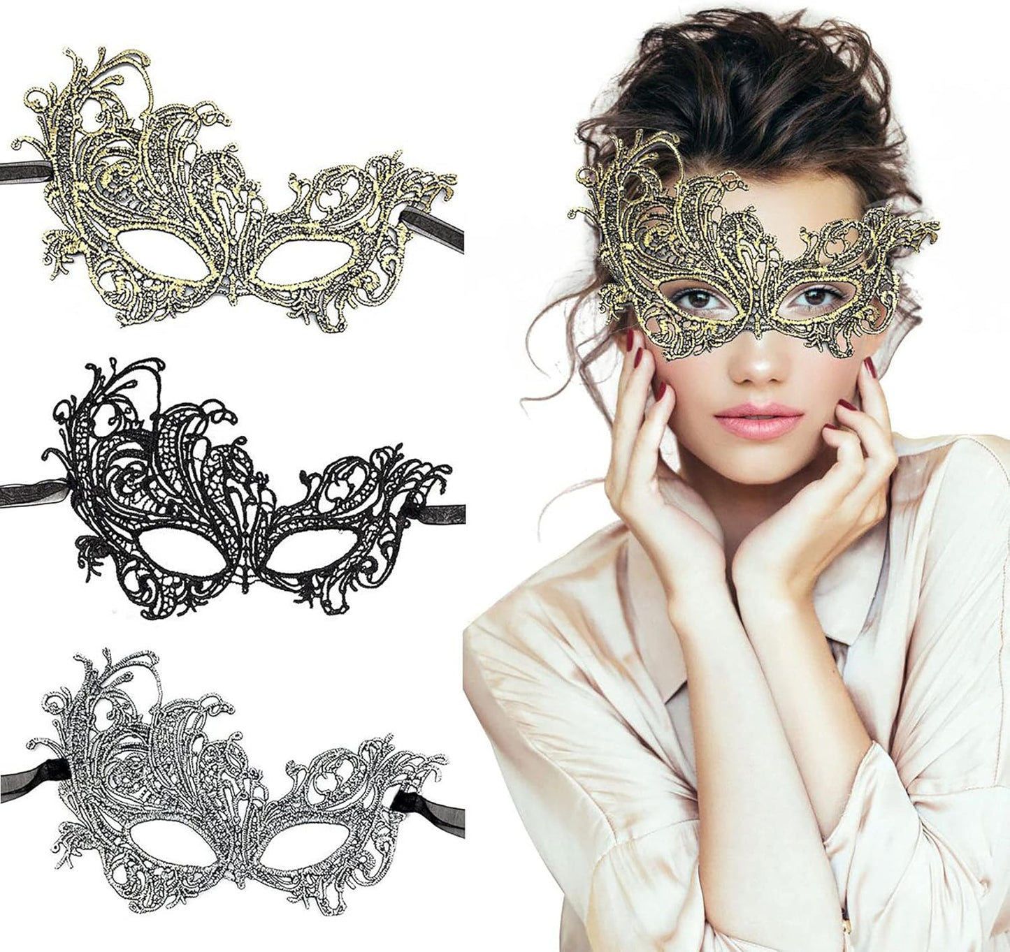 Masquerade Mask - Venetian Mask for Women, Beautiful Elegant Lace Mask for Ladies Halloween Mardi Gras Party Gold+Silver+Black