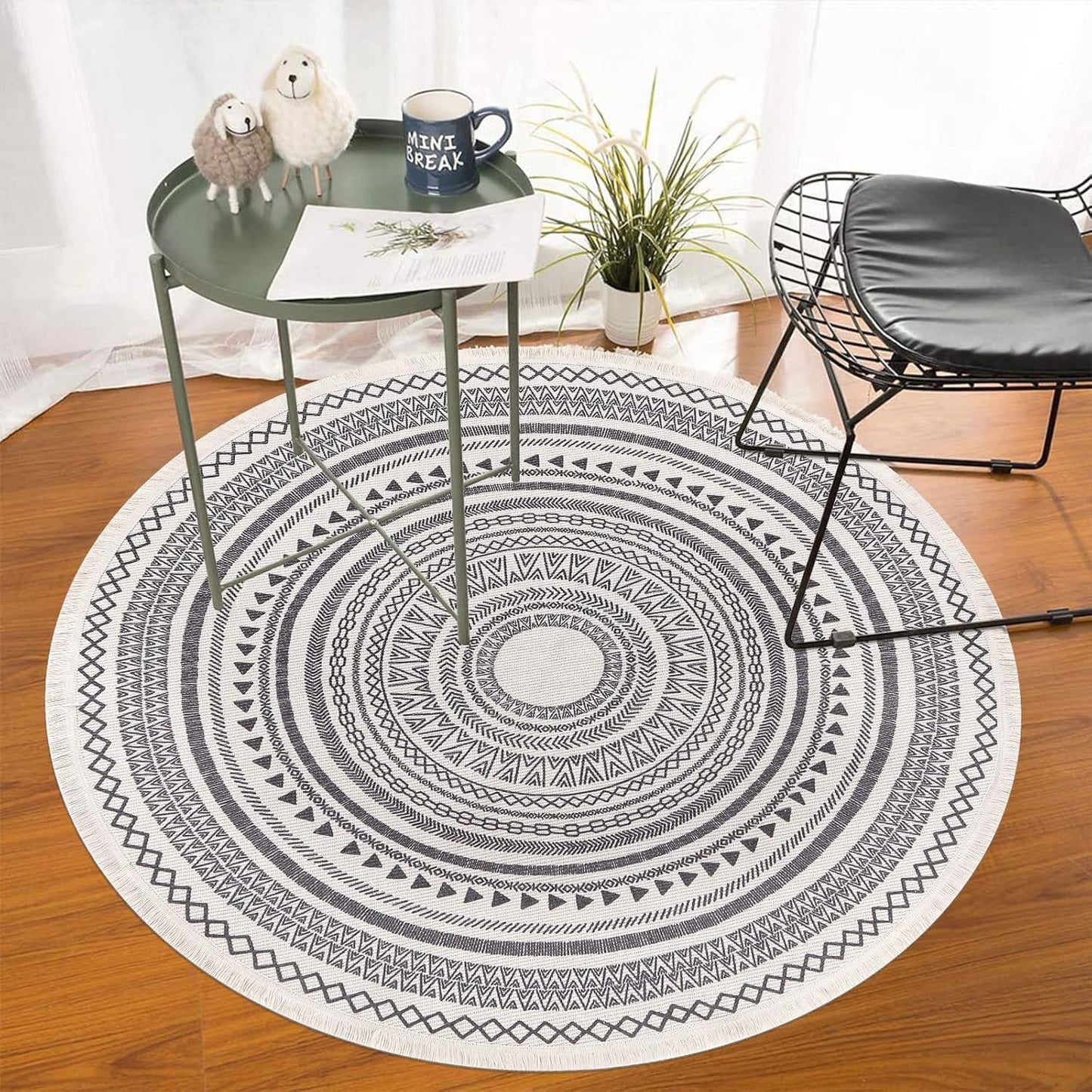 Grey Round Woven Cotton Rug with Fringes 120cm Washable Absorbent Rug Moroccan Style Print 120*120CM—yux 120*120CM
