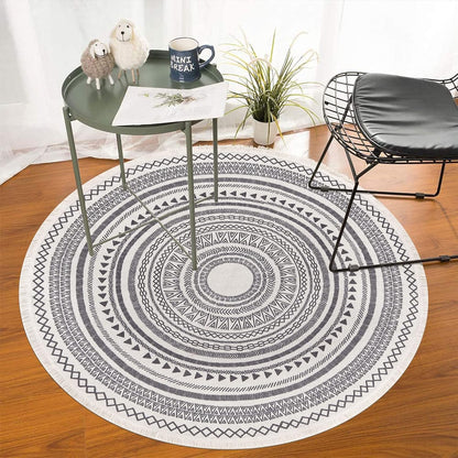 Grey Round Woven Cotton Rug with Fringes 120cm Washable Absorbent Rug Moroccan Style Print 120*120CM—yux 120*120CM