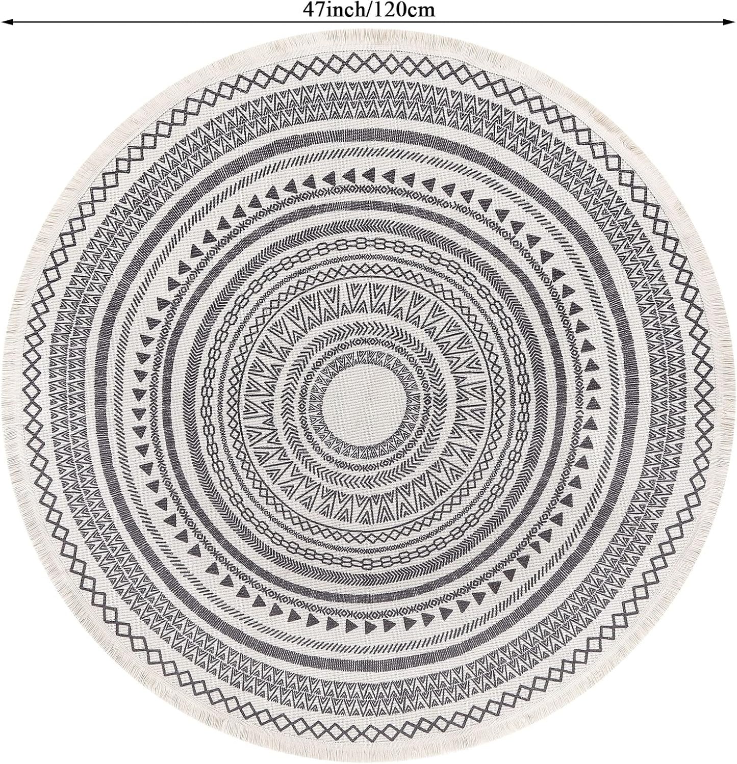 Grey Round Woven Cotton Rug with Fringes 120cm Washable Absorbent Rug Moroccan Style Print 120*120CM—yux 120*120CM