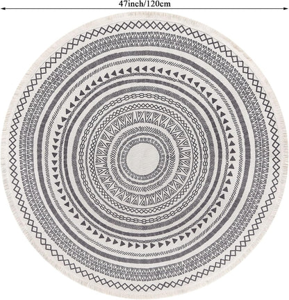 Grey Round Woven Cotton Rug with Fringes 120cm Washable Absorbent Rug Moroccan Style Print 120*120CM—yux 120*120CM