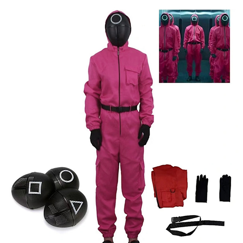 Children's Halloween Squid Game Cosplay Jumpsuit Costume Set - HZ rose red + square mask rose red + square mask_sai rose red + square mask 160cm
