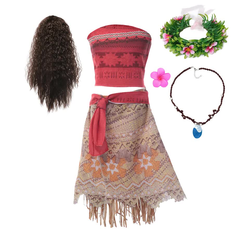 Moana Dresses Girls Children's Clothing Cosplay Vaiana Princess Dress Necklace Wig Kids Carnival Party Summer Disney Costume Set Moana Set 03 Moana Set 03 9-10T(150)