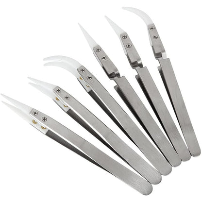 6pcs Precision Ceramic Inverted Soldering Tweezers Non-conductive Antimagnetic Pointed Curved Tips