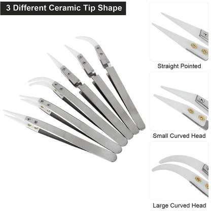 6pcs Precision Ceramic Inverted Soldering Tweezers Non-conductive Antimagnetic Pointed Curved Tips