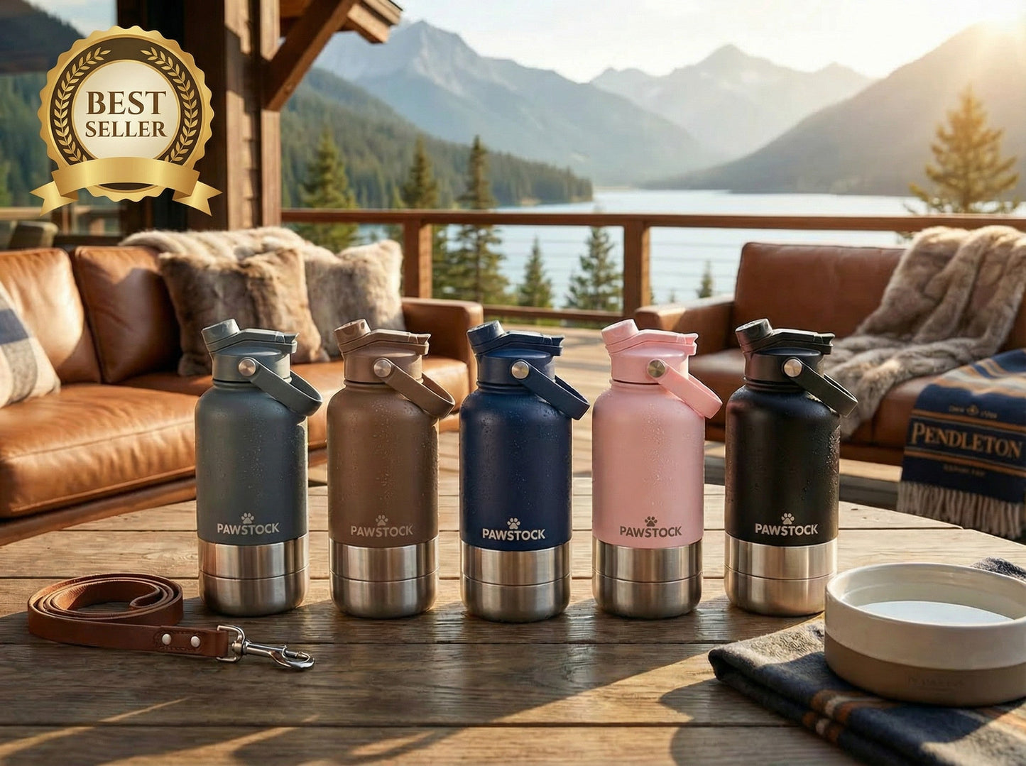 Pawstock 3-in-1 Insulated Dog Water Bottle with Dual Bowls – 1L Stainless Steel Travel Bottle - Pink