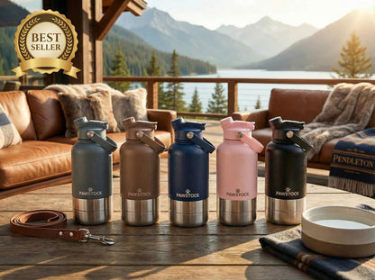 Pawstock 3-in-1 Insulated Dog Water Bottle with Dual Bowls – 1L Stainless Steel Travel Bottle - Pink