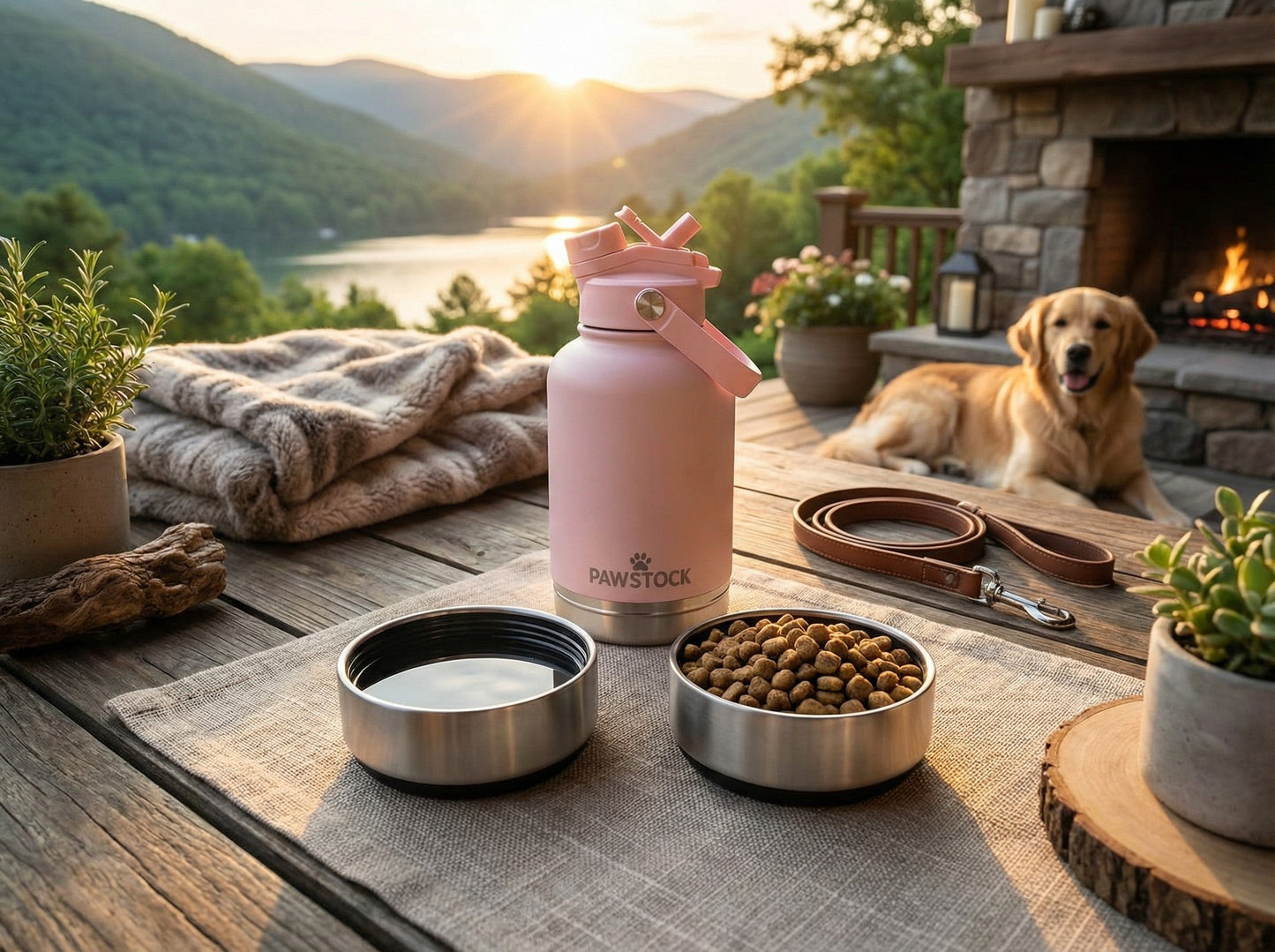 Pawstock 3-in-1 Insulated Dog Water Bottle with Dual Bowls – 1L Stainless Steel Travel Bottle - Pink