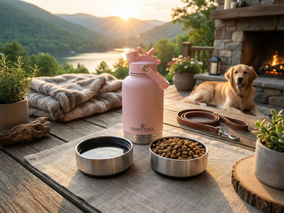 Pawstock 3-in-1 Insulated Dog Water Bottle with Dual Bowls – 1L Stainless Steel Travel Bottle - Pink