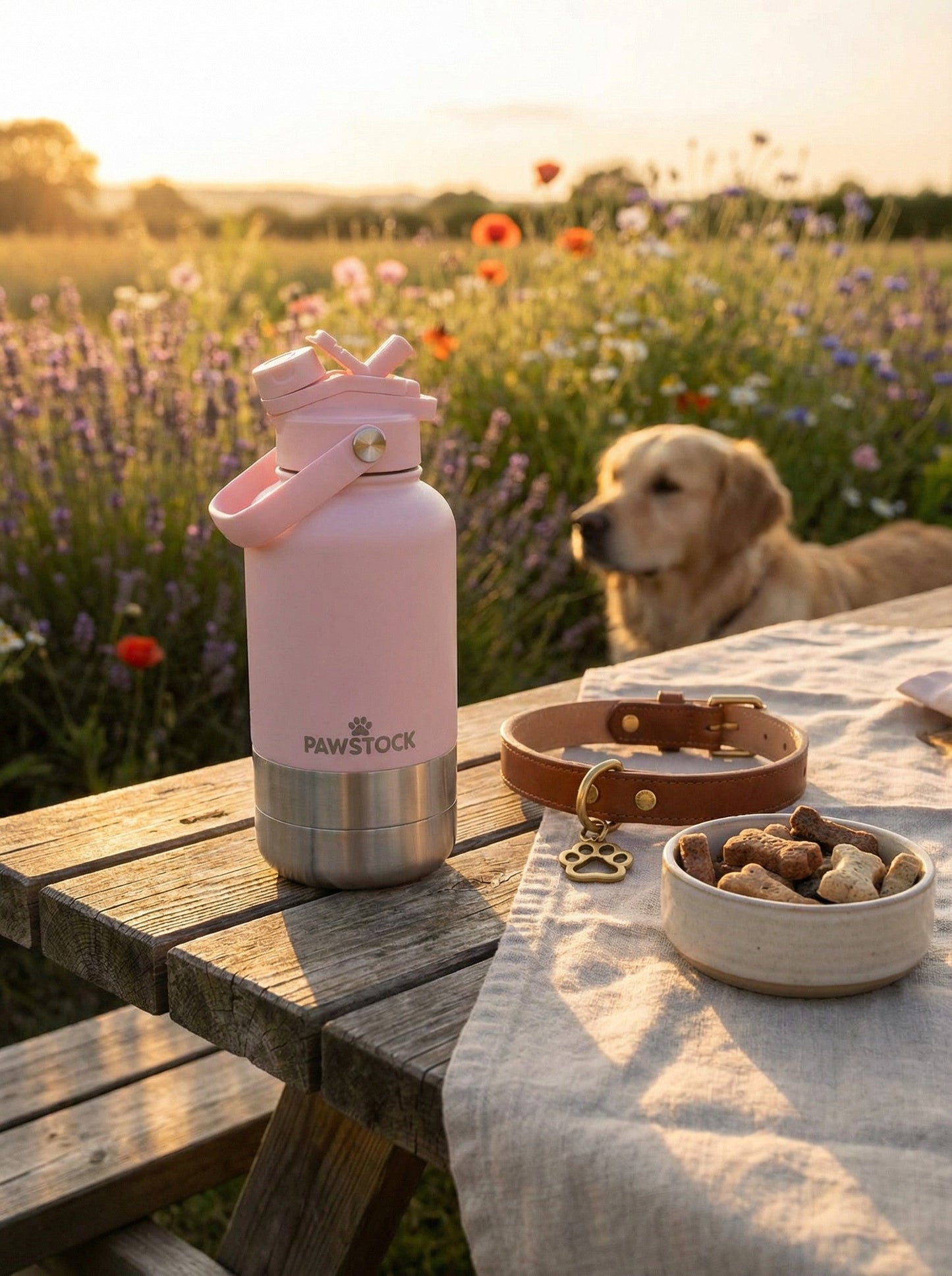 Pawstock 3-in-1 Insulated Dog Water Bottle with Dual Bowls – 1L Stainless Steel Travel Bottle - Pink