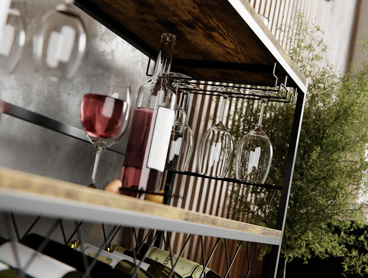 CARLA HOME Large Wine Rack with Glass Holder, Metal Designed Bottle Holder and Wood Countertop for Wine & Champagne