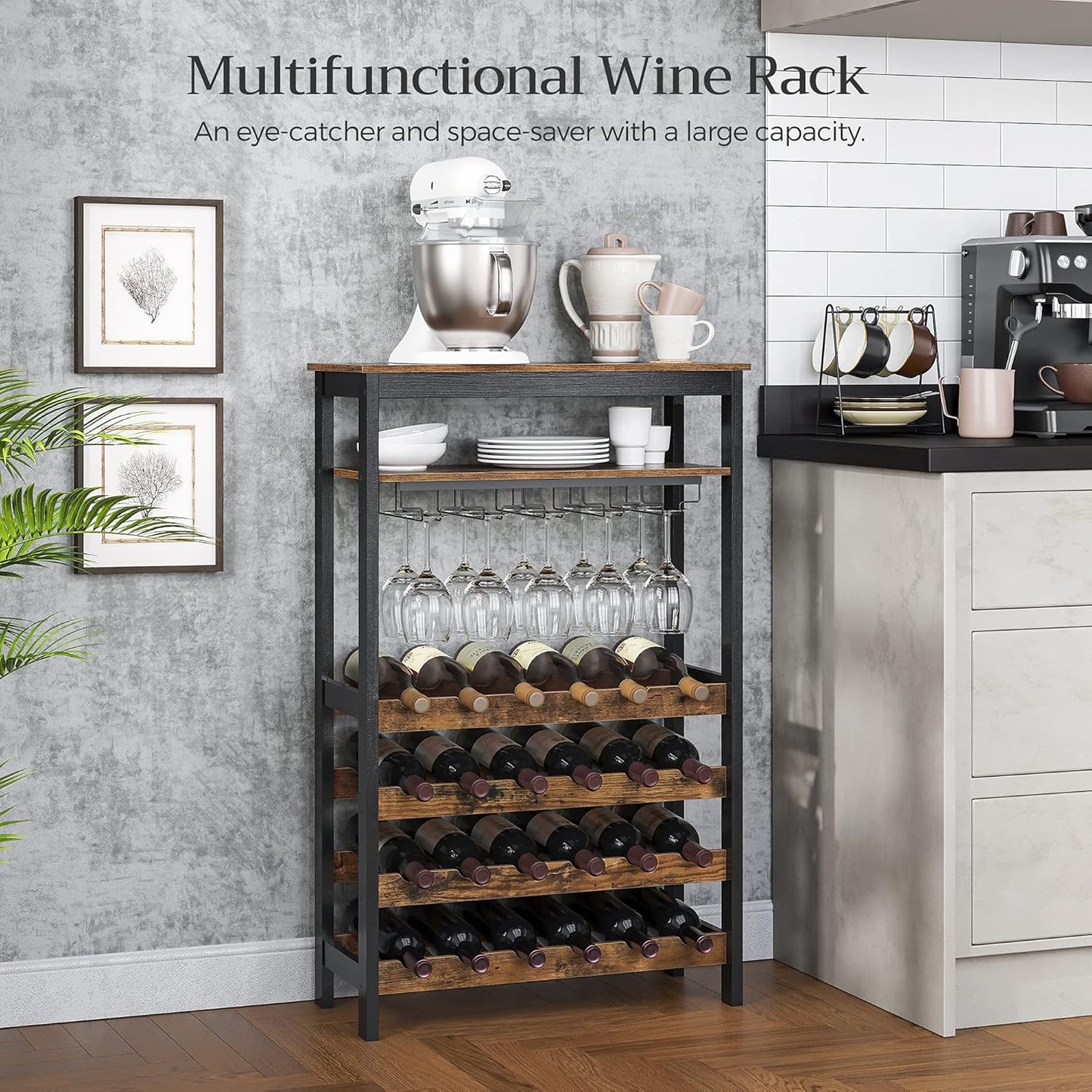 CARLA HOME Large Wine Rack with Glass Holder, Metal Designed Bottle Holder and Wood Countertop up to Wine & Champagne Bottles