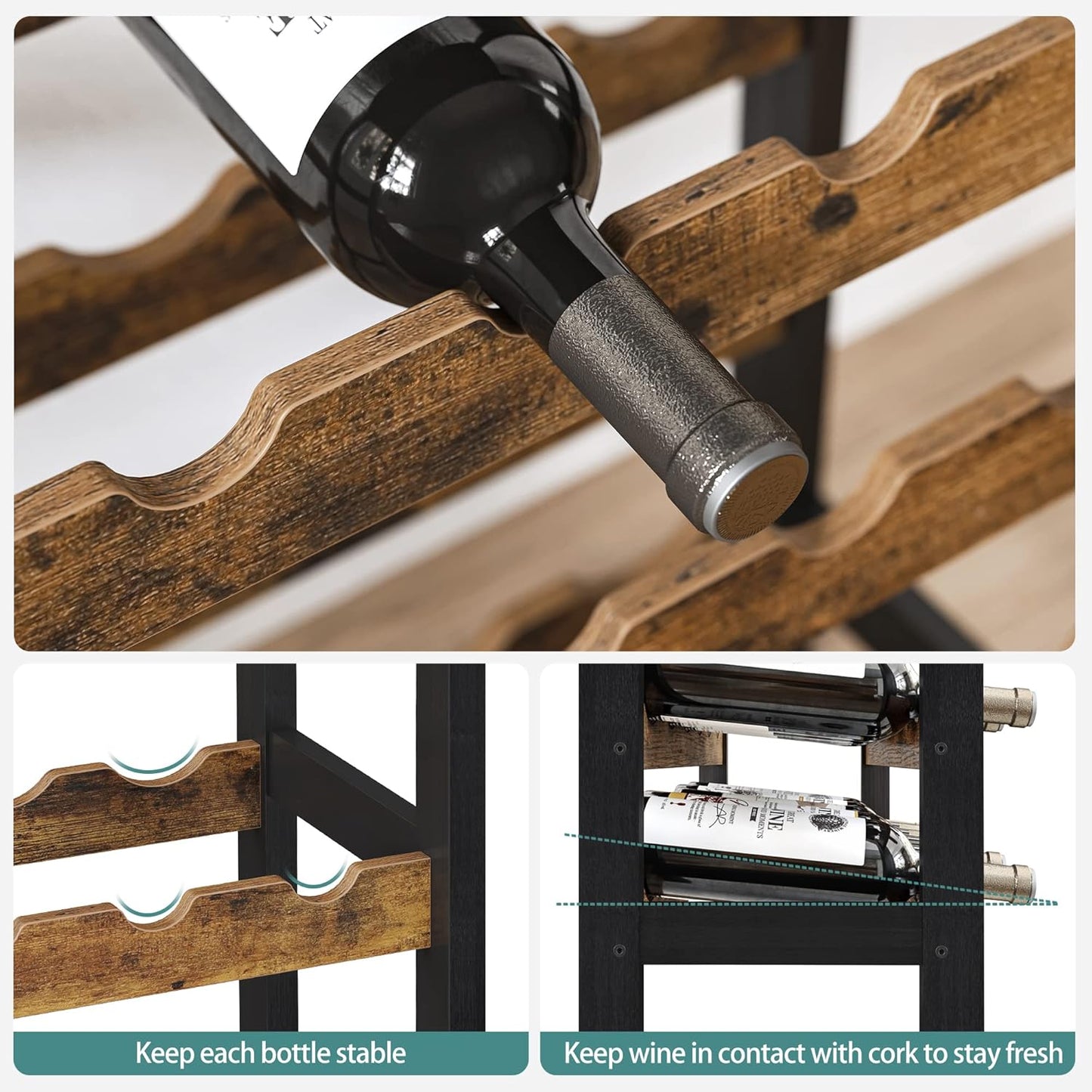 CARLA HOME Large Wine Rack with Glass Holder, Metal Designed Bottle Holder and Wood Countertop up to Wine & Champagne Bottles