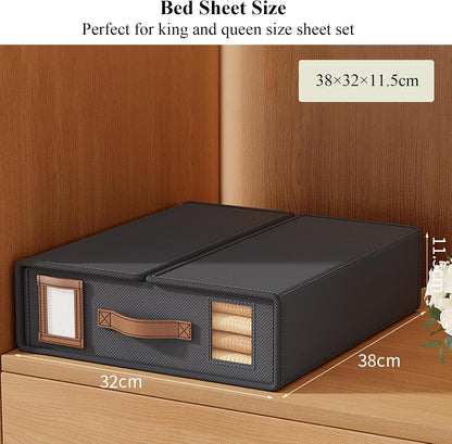 CARLA HOME Bed Sheet Organizer Set of 4 with Handle & Window for Covers, Pillowcases, Blankets, Clothes & Sheets (Black)