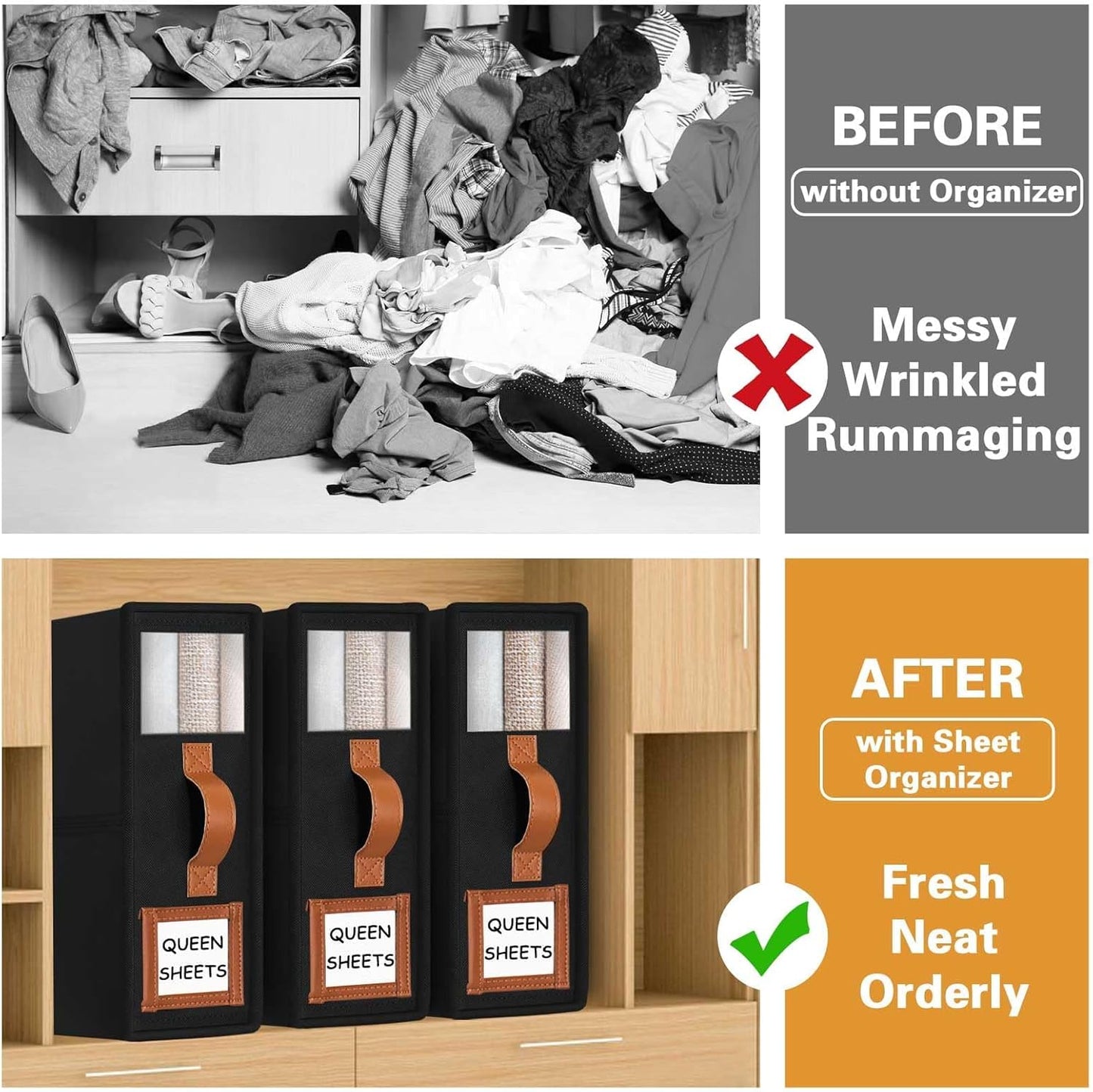 CARLA HOME Bed Sheet Organizer Set of 4 with Handle & Window for Covers, Pillowcases, Blankets, Clothes & Sheets (Black)