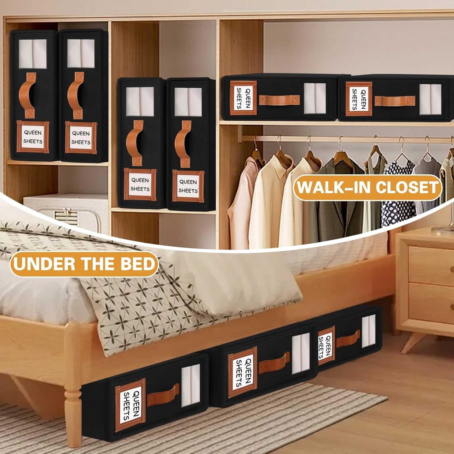 CARLA HOME Bed Sheet Organizer Set of 4 with Handle & Window for Covers, Pillowcases, Blankets, Clothes & Sheets (Black)