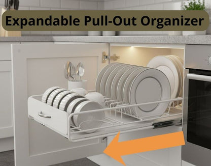 CARLA HOME Pull Out Dish Rack for Kitchen Cabinet with Slide Out Drawer Organizer for Plates, Bowls & Utensils