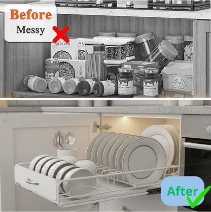 CARLA HOME Pull Out Dish Rack for Kitchen Cabinet with Slide Out Drawer Organizer for Plates, Bowls & Utensils