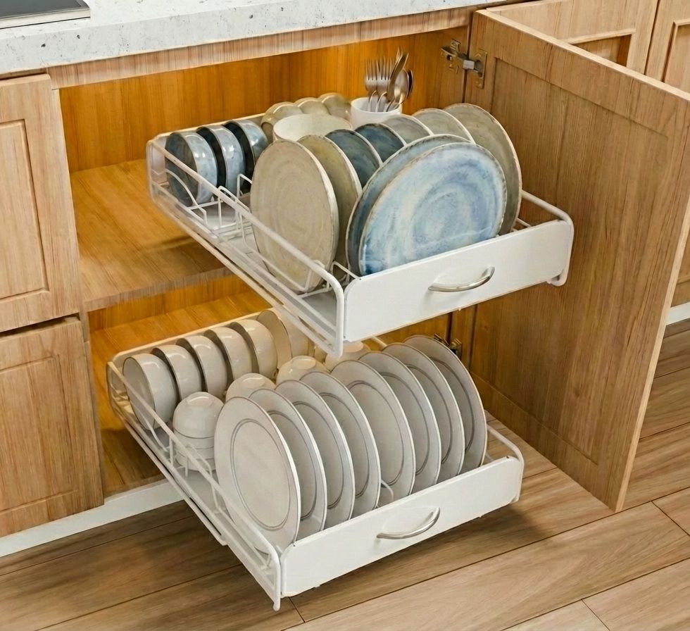 CARLA HOME 2 Pack Pull Out Dish Rack for Kitchen Cabinet with Slide Out Drawer Organizer for Plates, Bowls & Utensils