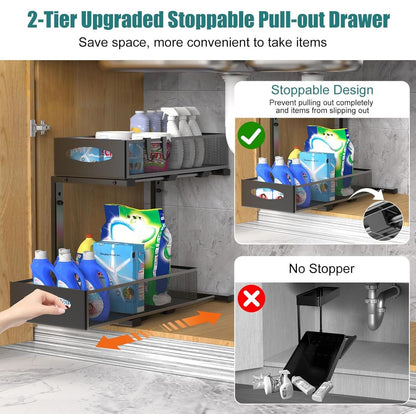 CARLA HOME 2 Tier Under Sink Organizer Pull Out Sliding Cabinet Storage Shelf with Height Adjustable for Kitchen, Bathroom or Laundry Room (Black)