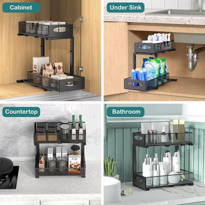 CARLA HOME 2 Tier Under Sink Organizer Pull Out Sliding Cabinet Storage Shelf with Height Adjustable for Kitchen, Bathroom or Laundry Room (Black)