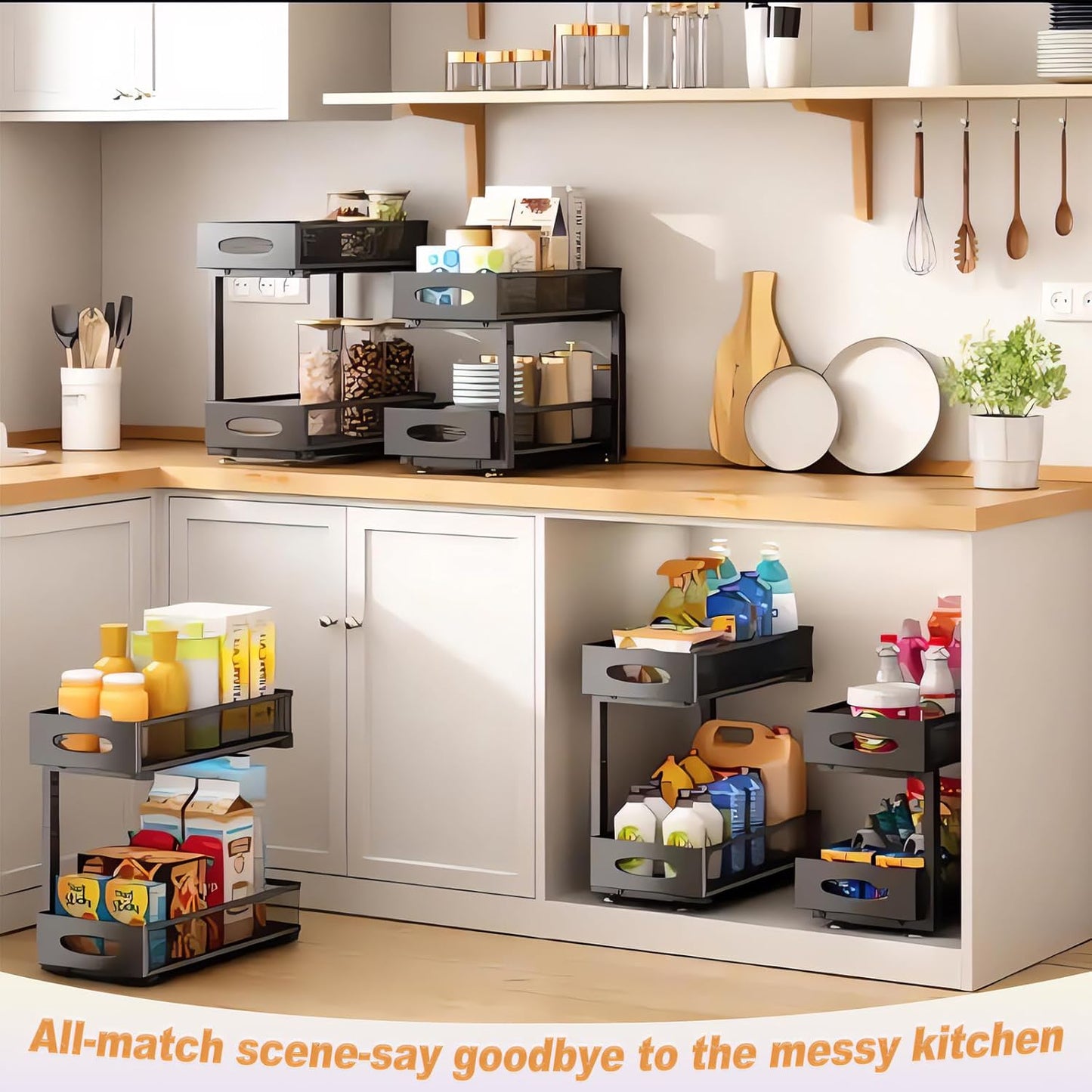 CARLA HOME 2 Tier Under Sink Organizer Pull Out Sliding Cabinet Storage Shelf with Height Adjustable for Kitchen, Bathroom or Laundry Room (Black)