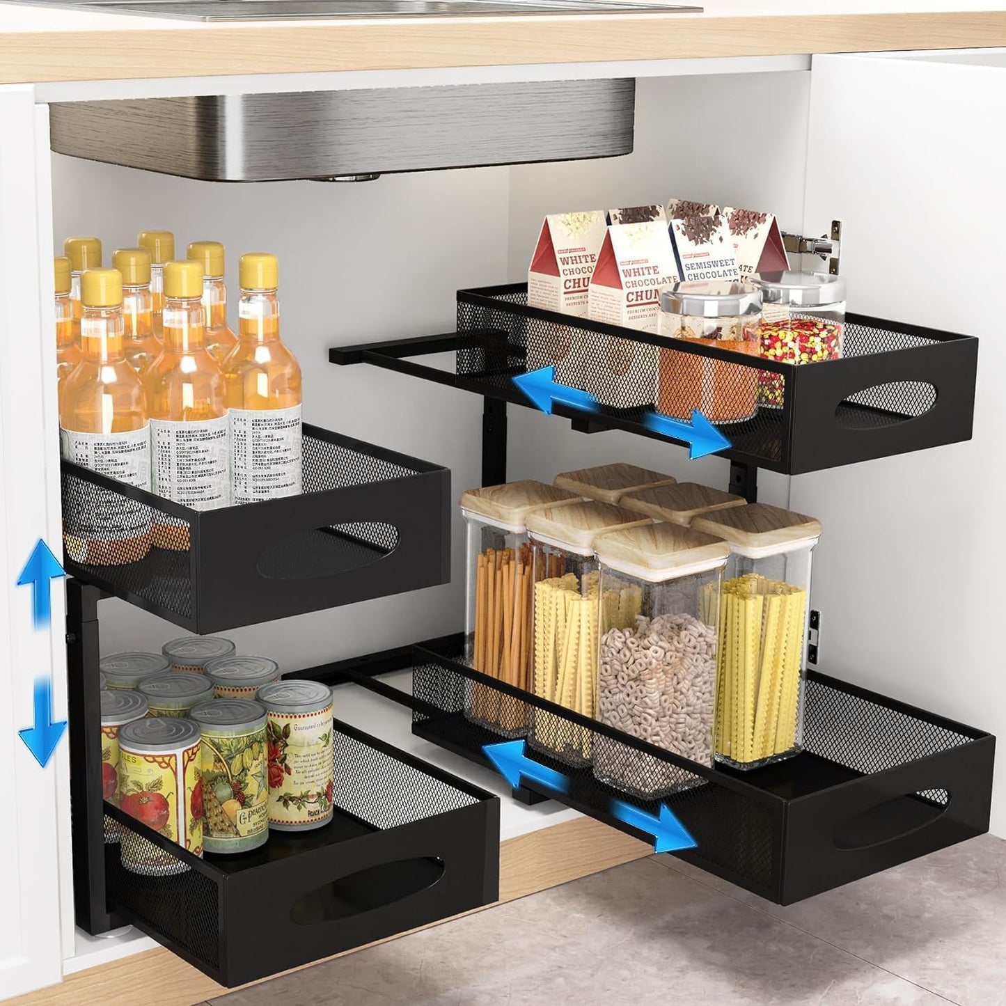 CARLA HOME 2 Pack Under Sink Organizer Pull Out Sliding Cabinet Storage Shelf with Height Adjustable for Kitchen, Bathroom or Laundry Room (Black)